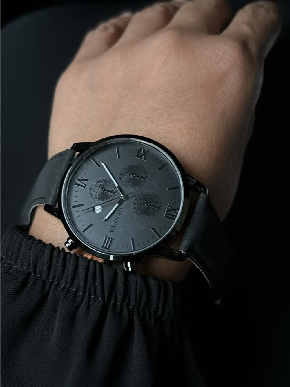 All-Black Men's Chronograph Watch - Minimal Roman Dial
